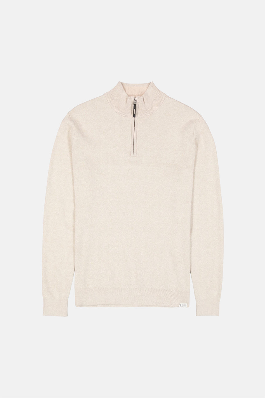 Beige ribbed knit half-zip sweater by AJ Garcia, front view with subtle texture and clean lines