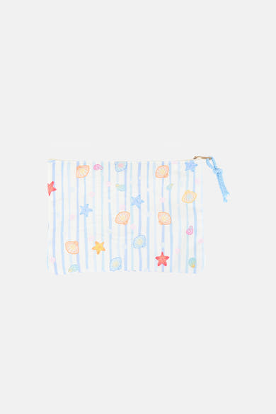 Trousse de toilette bleue de la marque Access® à rayures et motifs coquillages et étoiles de mer colorés, avec une fermeture éclair.
