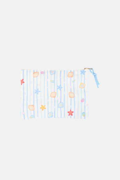 Trousse de toilette bleue de la marque Access® à rayures et motifs coquillages et étoiles de mer colorés, avec une fermeture éclair.