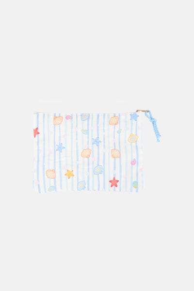 Trousse de toilette bleue de la marque Access® à rayures et motifs coquillages et étoiles de mer colorés, avec une fermeture éclair.