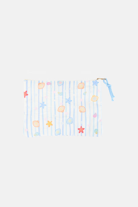 Trousse de toilette bleue de la marque Access® à rayures et motifs coquillages et étoiles de mer colorés, avec une fermeture éclair.