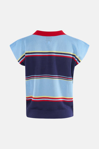 Multikleurig mouwloos topje van ADORE, met horizontale strepen in lichtblauw, marineblauw, geel en rood.