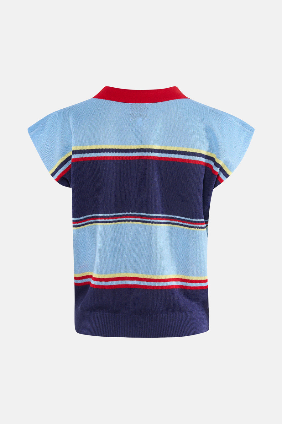 Multikleurig mouwloos topje van ADORE, met horizontale strepen in lichtblauw, marineblauw, geel en rood.